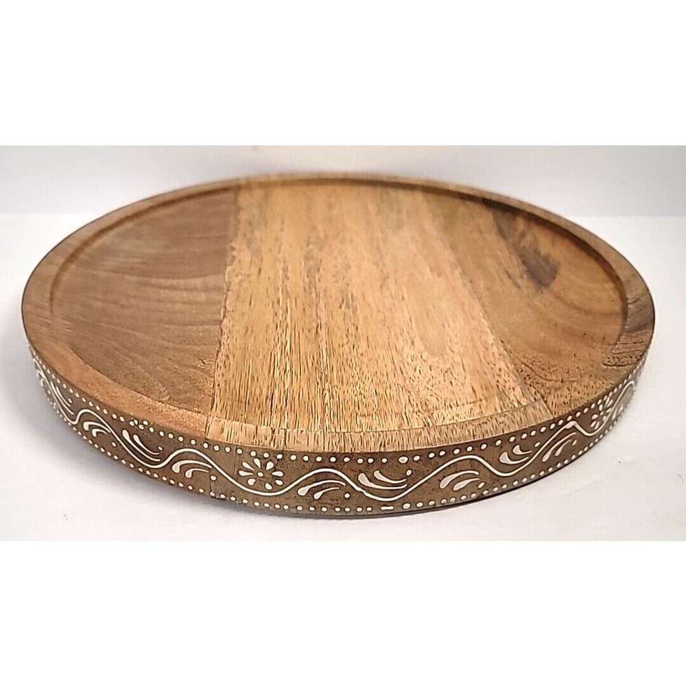 Cravings by Chrissy Teigen Round Wood Serving Tray White Design‎ on Edge 11.5"